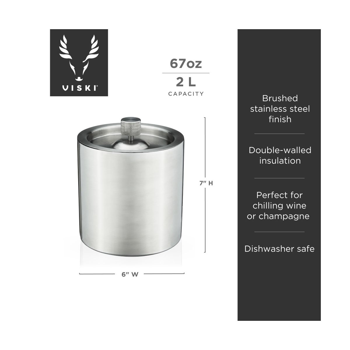 Viski Harrison Double Walled Insulated Stainless Steel Ice Bucket with Lid for Wine and Champagne, Home Bar Gifts for Men and Women, 2L, Silver - thumbnail 3