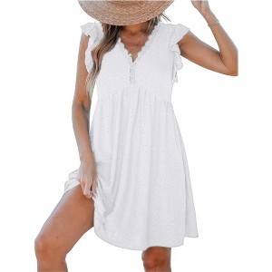 Coolmee Women's Beach Dress V Neck Cap Flutter Sleeve Pleated Mini Dress White S - 1 of 4