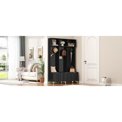 TiramisuBest 4-in-1 Farmhouse Hall Tree with Wood Bench, 2 Drawers & 6 Hooks - Entryway Organizer for Hallway/Living Room (Black, 55.9"x75.6")