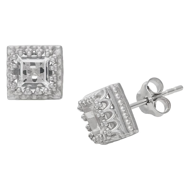 Sterling Silver Princess-cut Gemstone Crown Earrings, 1 of 2