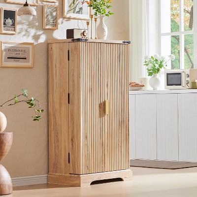SinCiDo Fluted Kitchen Pantry with Adjustable Shelves, 47″ Modern Storage Cabinet with 2 Doors, Wood Cupboard Pantry Cabinet for Kitchen, Natural Oak