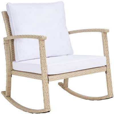 Beige and White Rattan Rocking Chair with Cushions