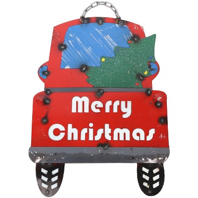 Sunnydaze Indoor/Outdoor Rustic Metal Merry Christmas Red Truck Hanging Decorative Holiday Sign - 21"