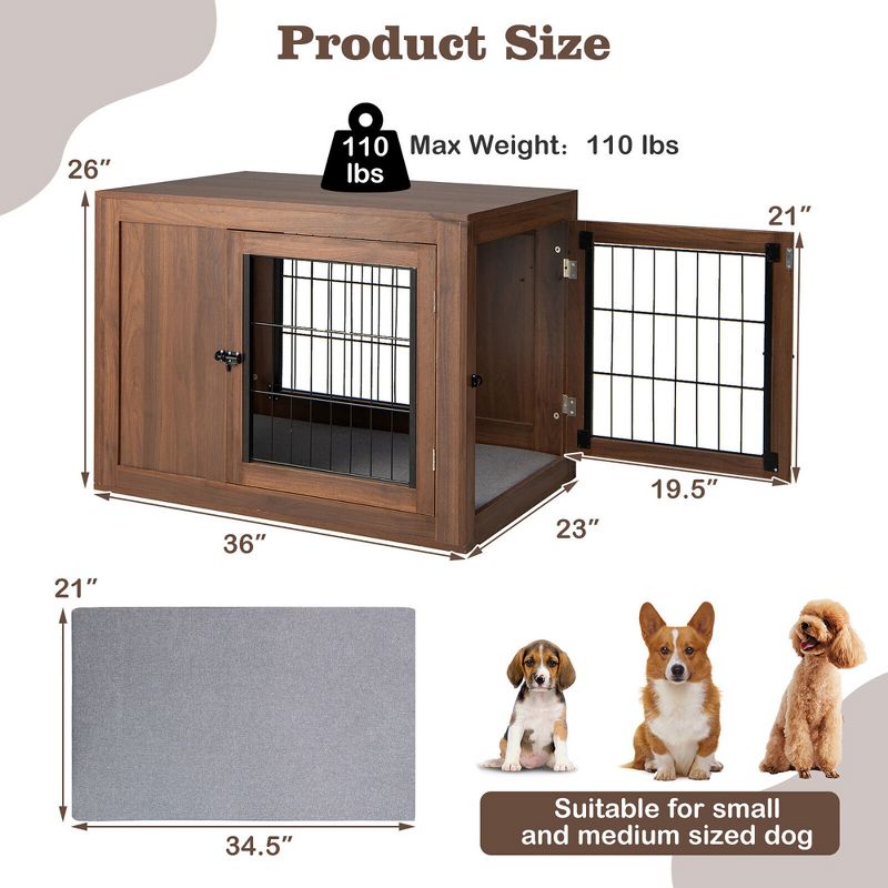 Tangkula Dog Crate Furniture Wooden Pet Kennel Cage End Table w/ Cushion& Double Doors, 5 of 11