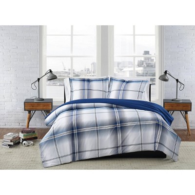 Full/Queen 3pc Nolan Houndstooth Stripe Comforter Set White/Blue - London Fog