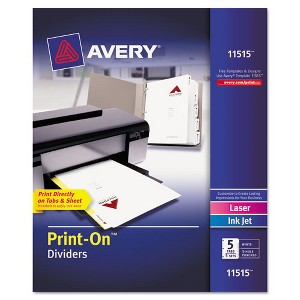 Avery Customizable Print-On Dividers, 3-Hole Punched, 5-Tab, 11 x 8.5, White, 5 Sets - 1 of 4