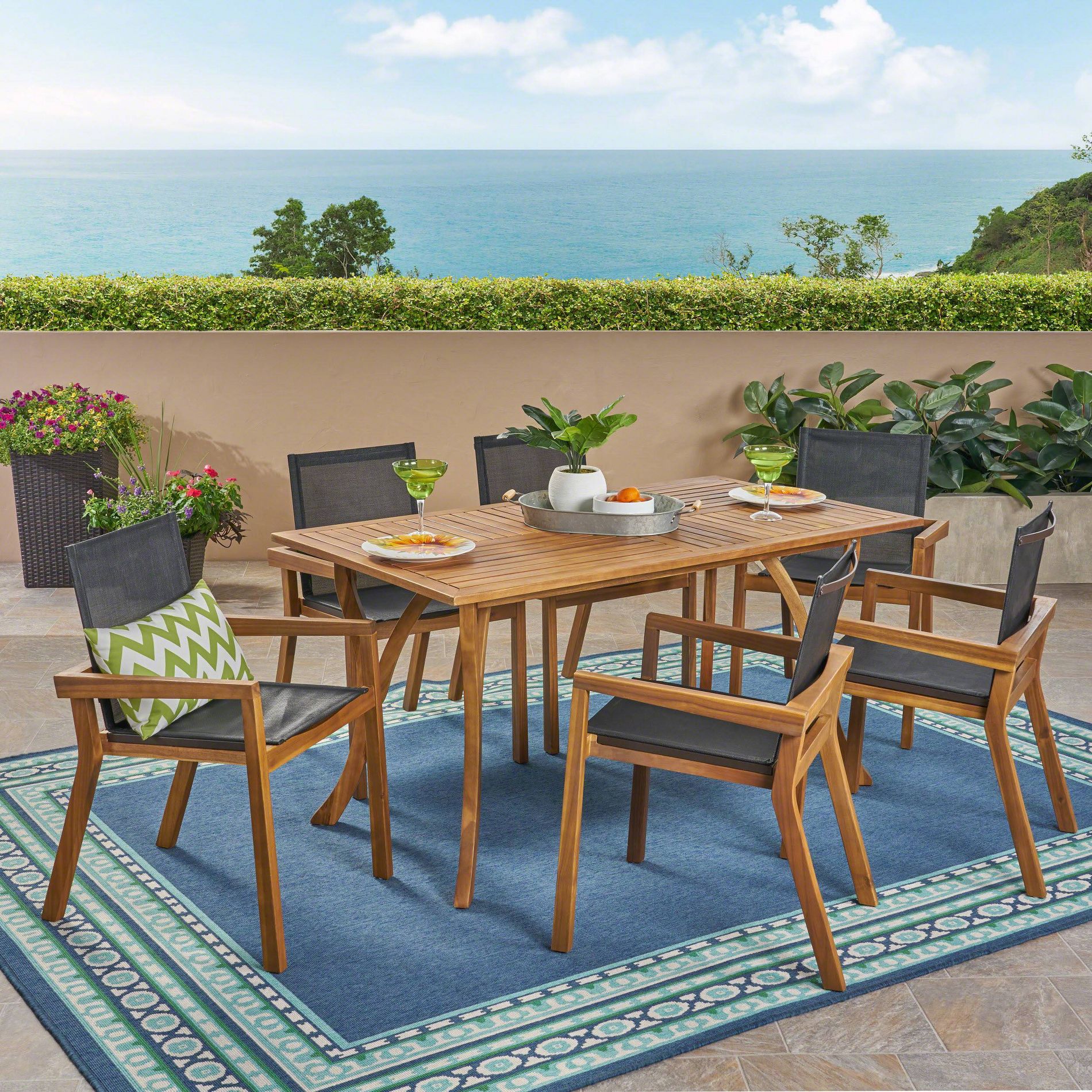 O'Shanter 7pc Acacia Dining Set - Teak - Christopher Knight Home: Outdoor Mesh Chairs, Weather-Resistant, Mid-Century Design