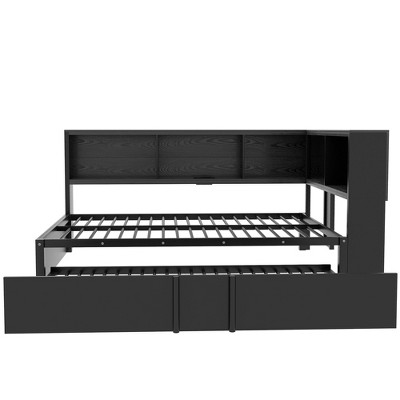 NicBex Full Size Daybed, Metal Day Bed Frame with Storage Cabinets and USB Ports, L-Shaped Daybed with Bookcase Headboard