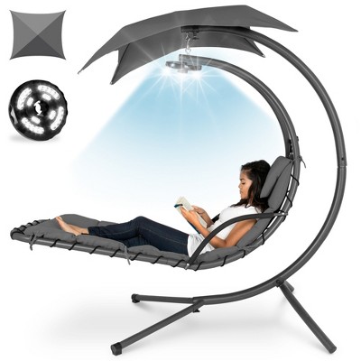 Gray Hanging LED-Lit Curved Chaise Lounge Chair with Canopy
