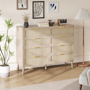 Jojoka 8-Drawer Rattan Dresser, Farmhouse Chest with Golden Handles & 5 Sturdy Legs, Wood Storage Organizer for Bedroom, Living Room, Entryway - 1 of 4
