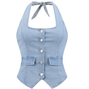 INSPIRE CHIC Women's Backless Denim Self-Tie Halter Neck Vest - 1 of 4
