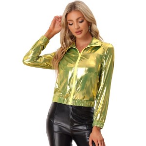 INSPIRE CHIC Women's Holographic Shiny Long Sleeve Metallic Zip Front Track Jacket - 1 of 4