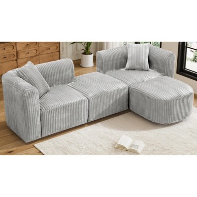 Luxury Modern Curved 4-Seater Modular Corduroy Sectional Sofa, Minimalist Cloud Couch with Movable Ottoman for Living Room Apartment