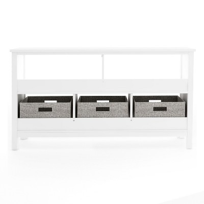 Creamy White Wooden Kids' Low Bookcase with Fabric Bins