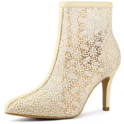 Allegra K Women's Lace Mesh Floral Embroidered Stiletto Heels Ankle Boots