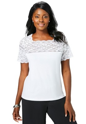 Jessica London Women's Plus Size Stretch Lace Neckline Top