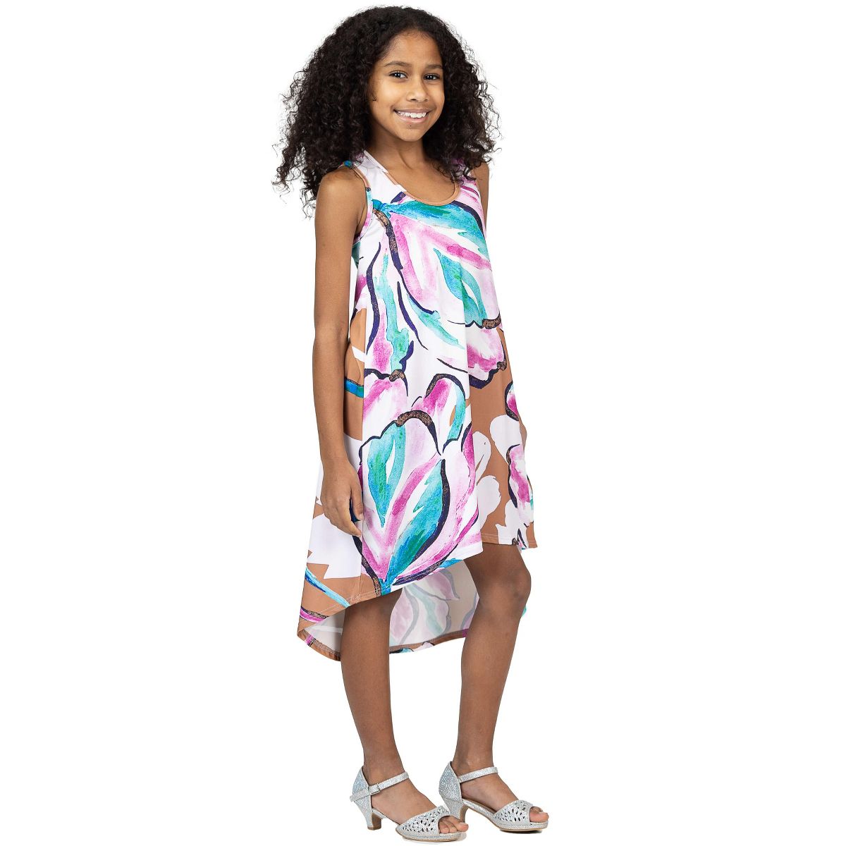 24sevenkid Girls Pastel Floral High Low Sleeveless Pocket Dress - thumbnail 2