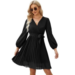 Dokotoo Women's Wrap V Neck Short flowyd Sleeve Wedding Guest Dress Smocked Elastic Waist Tiered Belted Ruffle Hem Mini Dress - 1 of 1