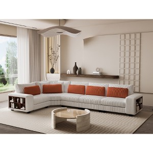 142.1" Corduroy Modular 5-Seater L-Shaped Sectional Sofa with Wooden Armrest Storage Locker - 1 of 4