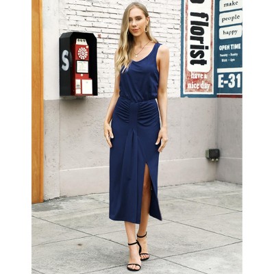 Women Summer Sleeveless Side Split Dress Casual Ruched Tank Dress Crew Neck Maxi Long Dresses