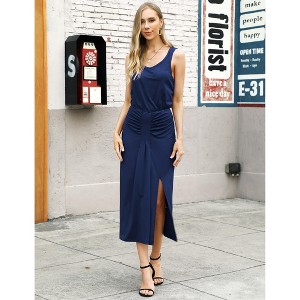 Women Summer Sleeveless Side Split Dress Casual Ruched Tank Dress Crew Neck Maxi Long Dresses - 1 of 4