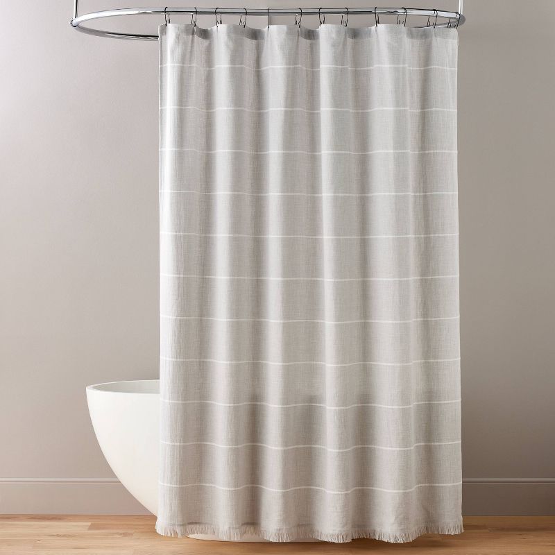 Horizontal Stripe Shower Curtain with Fringe Gray/Cream - Hearth &#38; Hand&#8482; with Magnolia, 1 of 5