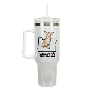 Elanze Designs The Beaver State Oregon Loves Chihuahuas White Double Wall Stainless Steel Insulated Travel Tumbler with Lid and Straw, 40 Ounce - 1 of 4