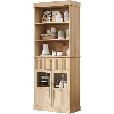 Kitchen Pantry Cabinet, 70" Tall Storage Cabinets with Drawer & 2 Glass Doors and 3 Shelves, Floor Cabinet for Kitchen, Office, Living Room, Bathroom