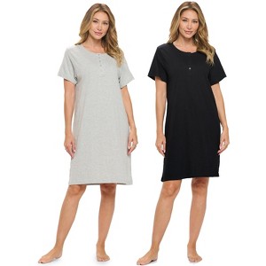 Casual Nights Women's Henley Nightshirts Set of 2, Floral Short Sleeve Nightgowns & Solid Sleepwear Shirt - 1 of 4