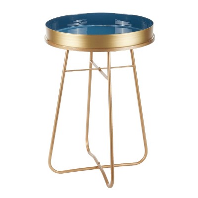 Side Table, Round Metal Enamel Blue and Gold - Olivia & May