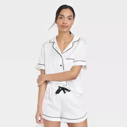 Women's 3pc Satin Notch Collar and Shorts Pajama Set - Stars Above™ White XXL