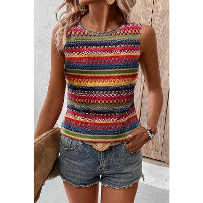 I AM A FASHION JUNKY Yellow Ethnic Wavy Pattern Round Neck Sleeveless Top Yellow S