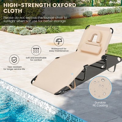 Beige Adjustable Folding Outdoor Chaise Lounge with Cushions