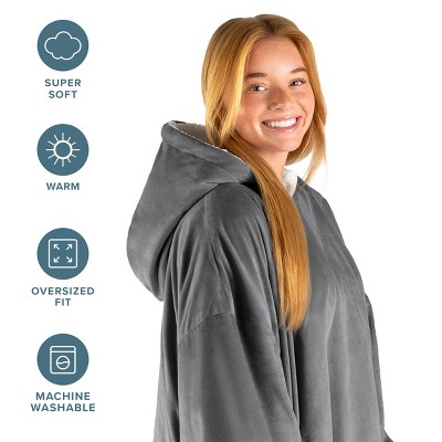 Gray Fleece and Sherpa Hooded Wearable Blanket with Sleeves