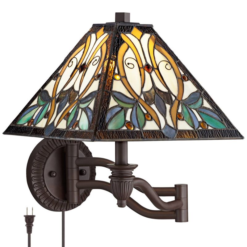 Robert Louis Tiffany Victorian Swing Arm Wall Lamp Bronze Plug-in Light Fixture Multi Colored Stained Glass for Bedroom Bedside Living Room Reading, 1 of 10