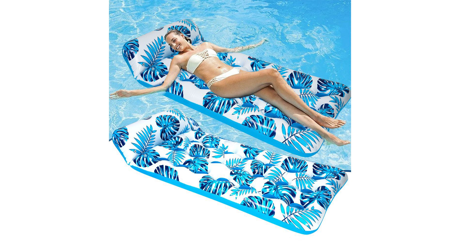 MOVSSOU Inflatable Pool Float Mat 73"x34" Adult Lounger Float with Headrest Pool Lounge Chair Floating Blue