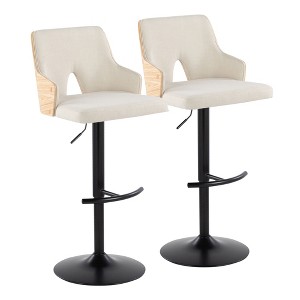 Contemporary Adjustable Swivel Barstool with Peek-A-Boo Wood Back, Armrests, and Rounded T Footrest for Kitchen or Home Bar, Set of 2 - 1 of 4