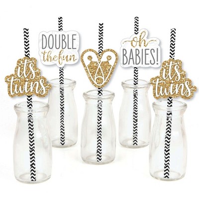 Big Dot of Happiness It's Twins - Paper Straw Decor - Gold Twins Baby Shower Striped Decorative Straws - Set of 24