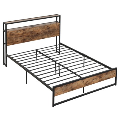 Infans Full Size Industrial Platform Bed Frame with Charging Station Storage Headboard