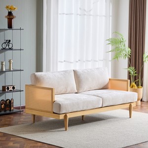 72" Square Arm 3-Seater Sofa, Boucle Fabric Upholstery, Natural Cane Rattan Weave, Solid Wood Frame,Natural+Beige -- Frevyn - 1 of 4