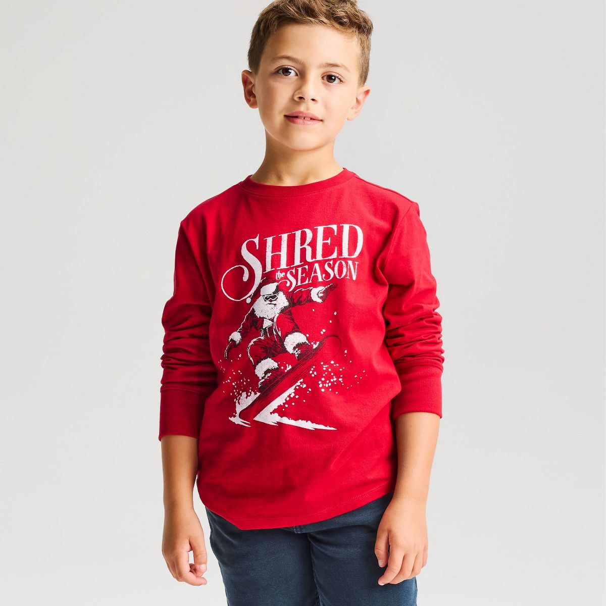 Boys' Long Sleeve 100% Cotton 'Shred the Season' Holiday Snowboard Santa Classic Fit Graphic T-Shirt - Cat & Jack™ Red