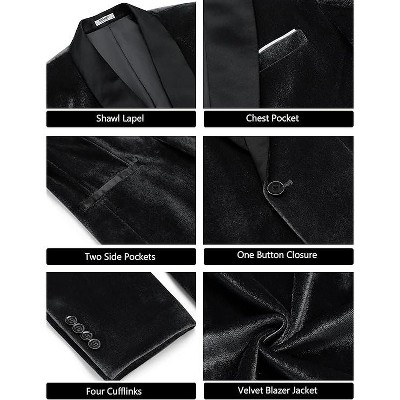 COOFANDY Men's Velvet Tuxedo One Button Jacket Dinner Prom Wedding Blazer Jacket Black M — фото 4