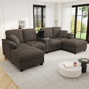 Whisen 116.9" Sectional Sofa, Modern U-Shaped Sectional Sofa, Corduroy Upholstered Couch with Ottomans, Cup Holders - 1 of 4