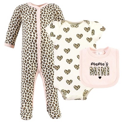 Hudson Baby Infant Girl Cotton Sleep and Play, Bodysuit and Bandana Bib Set, Leopard Hearts