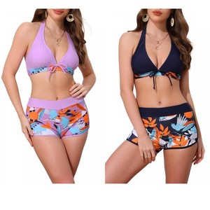 INSPIRE CHIC Women's Leaf Print Color Block Halter Top Boyshorts Bottom Swimwear Bathing Bikini Suits 2 Sets - 1 of 4