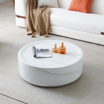 Marble Fiberglass Coffee Table,Modern Design, Sturdy Construction, Large Storage Space,Modern Drum Coffee Table for Small Space-Cuddlewood