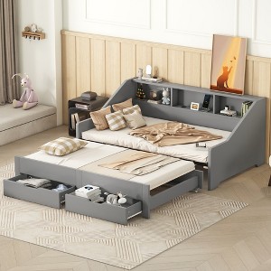 Twin to King Size Daybed with USB Ports, Storage Bookcases and Two Drawers, White/Gray-ModernLuxe - 1 of 4