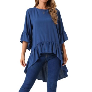 INSPIRE CHIC Women's High Low 3/4 Bell Sleeve Keyhole Back Ruffle Hem Asymmetrical Blouse - 1 of 4
