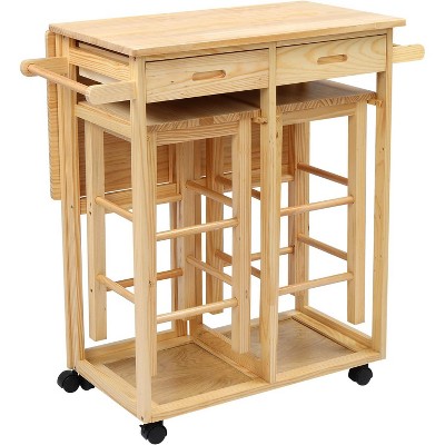 VINGLI Drop Leaf Table with 2 Square Stools and 2 Drawers Solid Wood Kitchen Table and Chair Set Island Cart Trolly Breakfast Bar