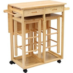 VINGLI Drop Leaf Table with 2 Square Stools and 2 Drawers Solid Wood Kitchen Table and Chair Set Island Cart Trolly Breakfast Bar - 1 of 4